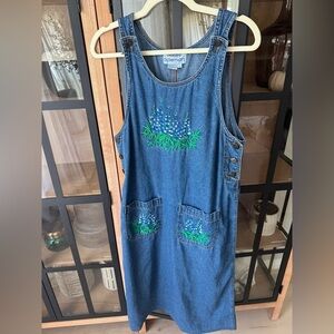Vintage 90s Casey Coleman Bluebonnet Embroidered Denim Jumper Dress midi overall